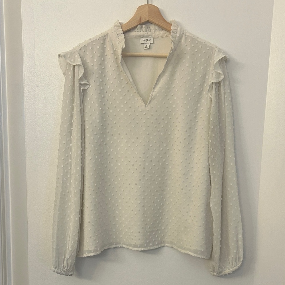 J. Crew Ivory Textured Blouse with Ruffle Detail